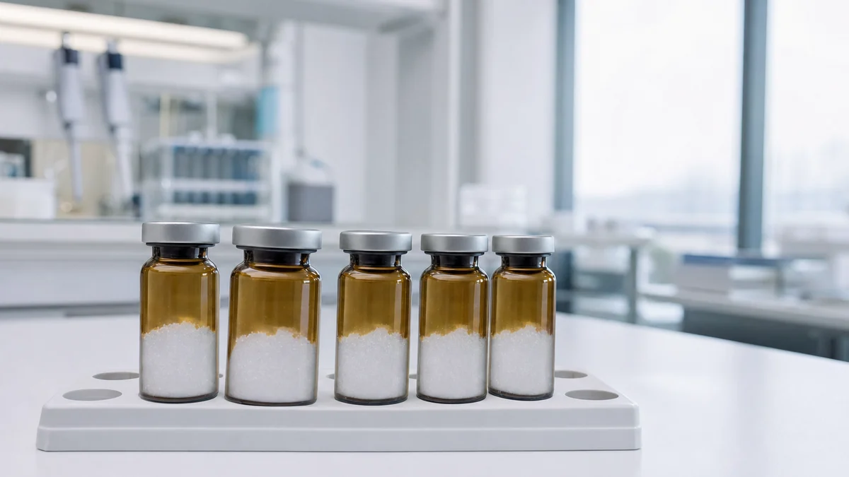 A TB-500 peptide vial photographed in a clean clinical setting